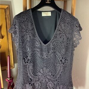 Perforated Femme Crochet Intricate Lace Blouse Metallic BOHO Whimsigoth NEW